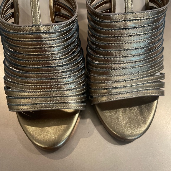 Neiman Marcus Gold leather stiletto heels with ankle strap. Size 10. - Picture 8 of 12